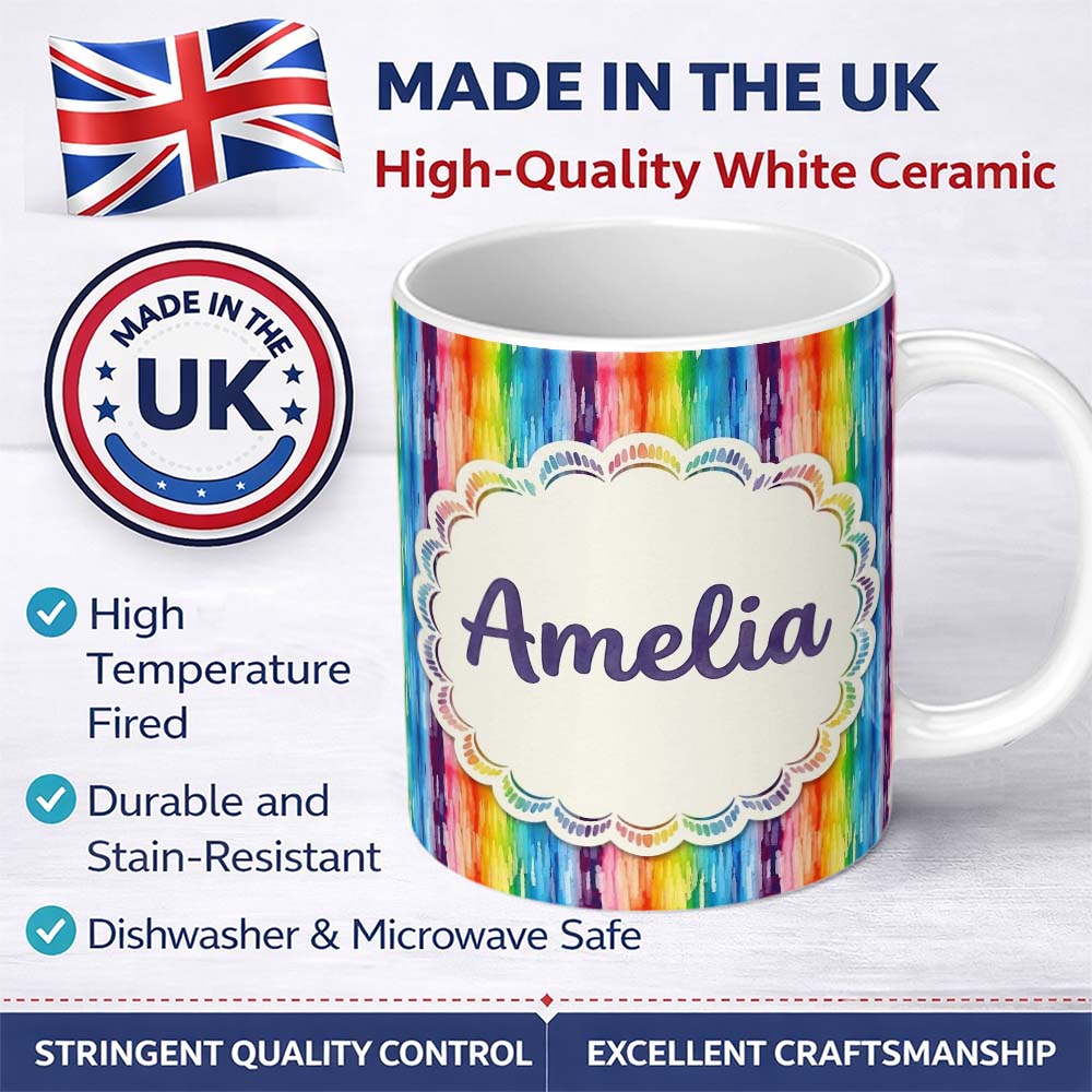 Personalized Custom Name Rainbow Watercolor Drip Vertical Stripes Seamless Pattern Lovely 11oz Ceramic Coffee Tea Mug White Large Handle