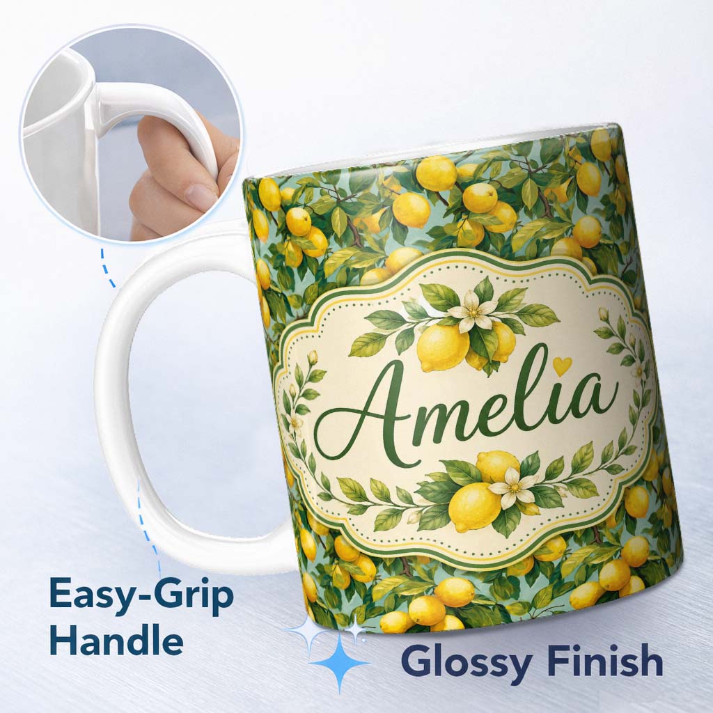 Personalized Custom Name Realistic Lemon Tree Branch Pattern with Ripe Fruit and Foliage 11oz Ceramic Coffee Tea Mug White Large Handle