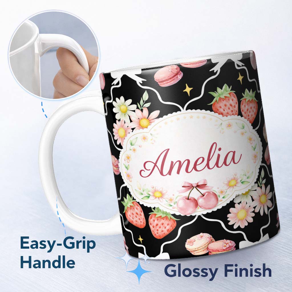 Personalized Custom Name Strawberry Cherry Daisy White Minimal Cute Coquette Floral Design 11oz Ceramic Coffee Tea Mug White Large Handle