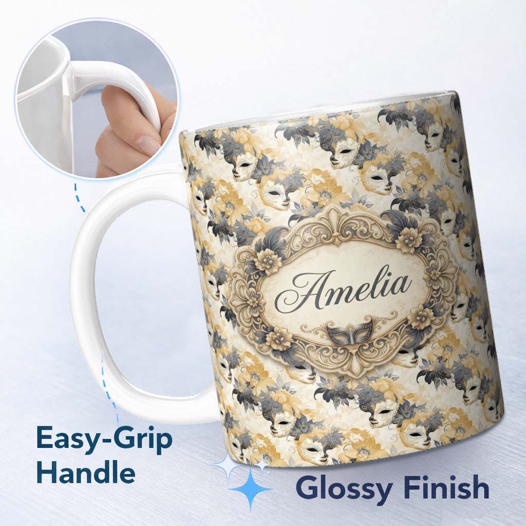 Personalized Custom Name Deep Blue Masquerade Pattern with Red and Gold Decorative Masks 11oz Ceramic Coffee Tea Mug White Large Handle