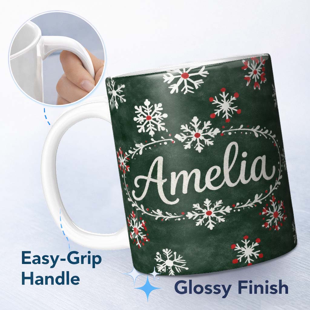 Personalized Custom Name Cute Winter Snowflakes Red White Green Seamless Pattern Lovely 11oz Ceramic Coffee Tea Mug White Large Handle