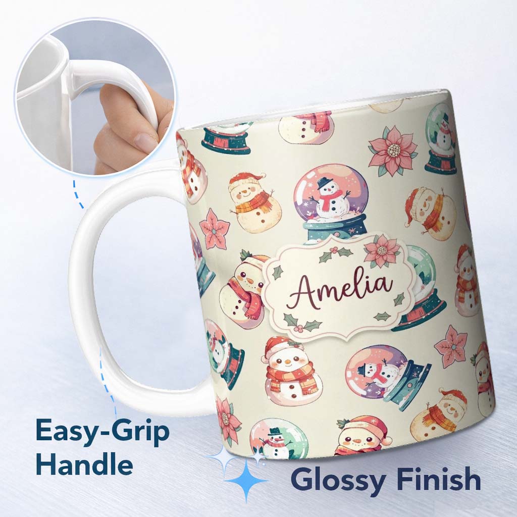 Personalized Custom Name Cute Snowman Snow Globe Poinsettia Flower Christmas Pattern Cream 11oz Ceramic Coffee Tea Mug White Large Handle