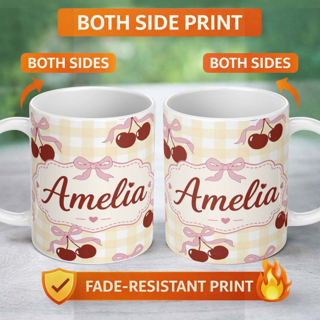 Personalized Custom Name Cherry Bow Ribbon Cute Yellow Gingham Picnic Check Seamless Pattern 11oz Ceramic Coffee Tea Mug White Large Handle