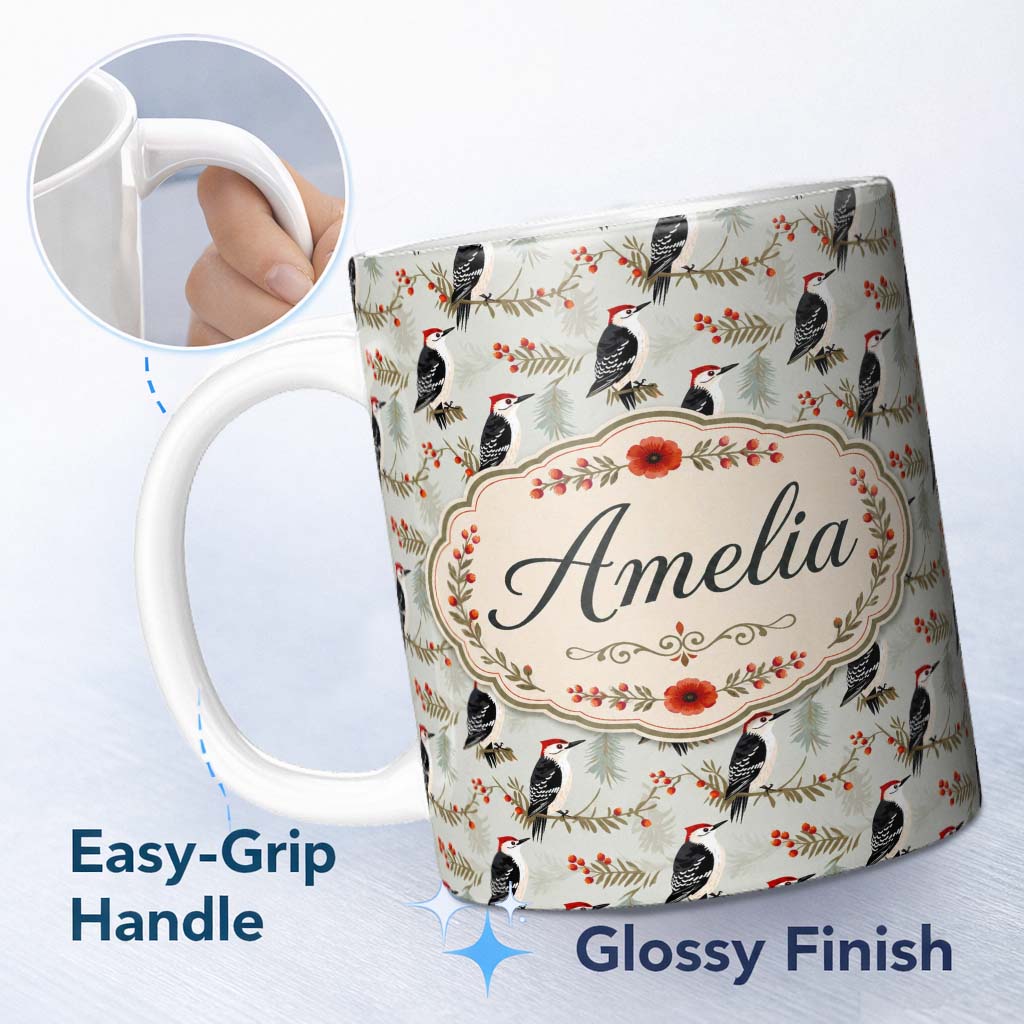 Personalized Custom Name Classic Black White Woodpecker with Berry Branch Seamless Pattern 11oz Ceramic Coffee Tea Mug White Large Handle