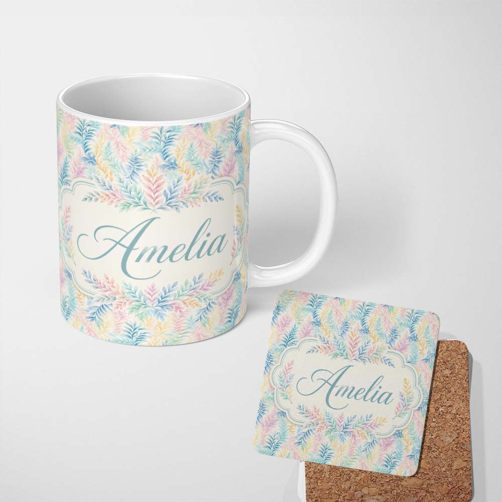 Personalized Custom Name Soft Pastel Botanical Leaves Seamless Watercolor Pattern Lovely 11oz Ceramic Coffee Tea Mug White Large Handle