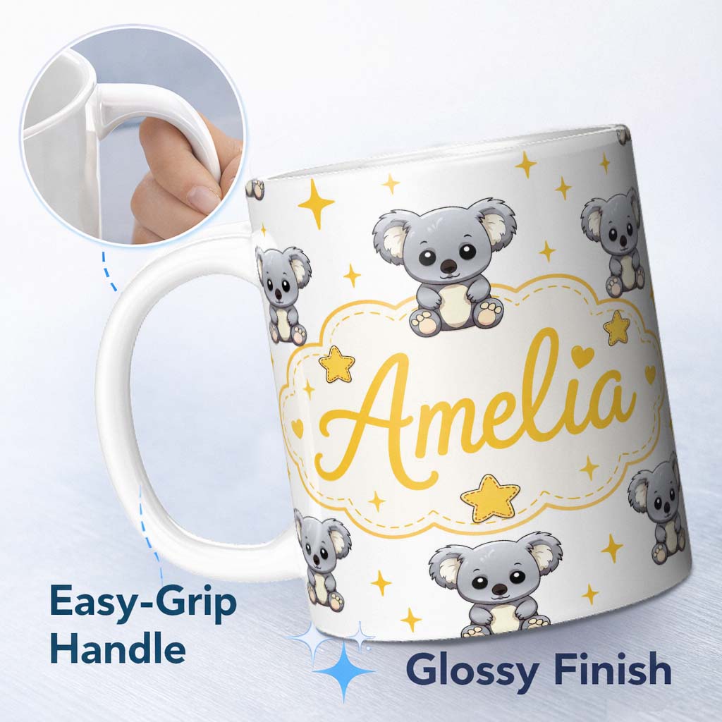 Personalized Custom Name Cute Koala Bears with Stars White Background Seamless Pattern Lovely 11oz Ceramic Coffee Tea Mug White Large Handle