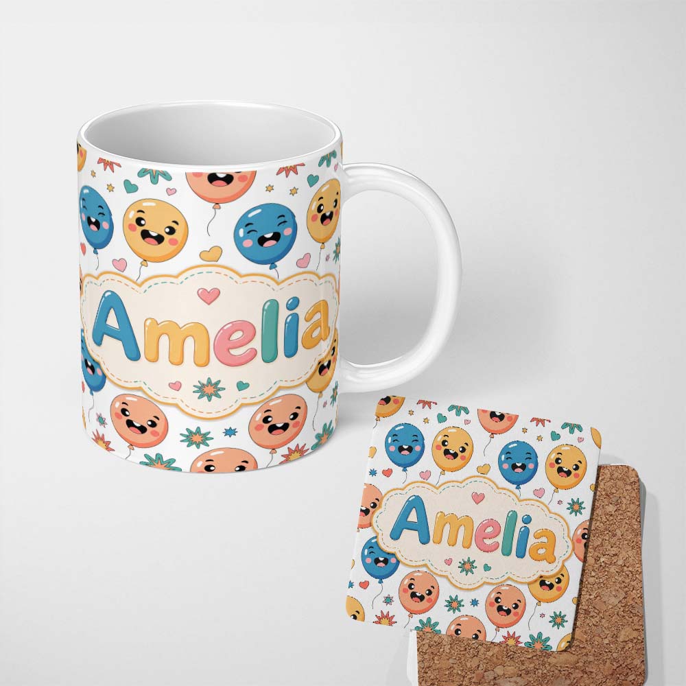 Personalized Custom Name Cute Smiling Balloons Hearts and Stars Fun Party Seamless Pattern 11oz Ceramic Coffee Tea Mug White Large Handle