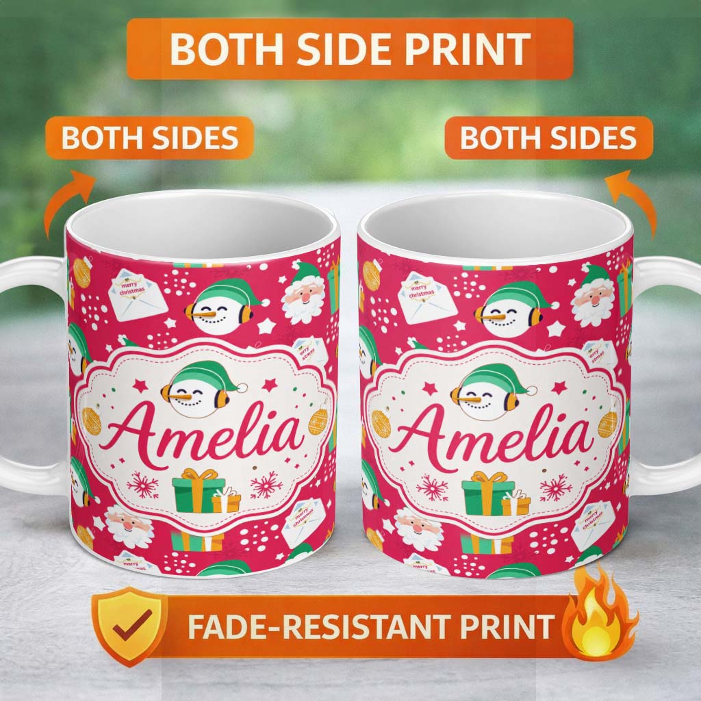 Personalized Custom Name Cute Santa Snowman Gift Merry Christmas Seamless Pattern Lovely 11oz Ceramic Coffee Tea Mug White Large Handle
