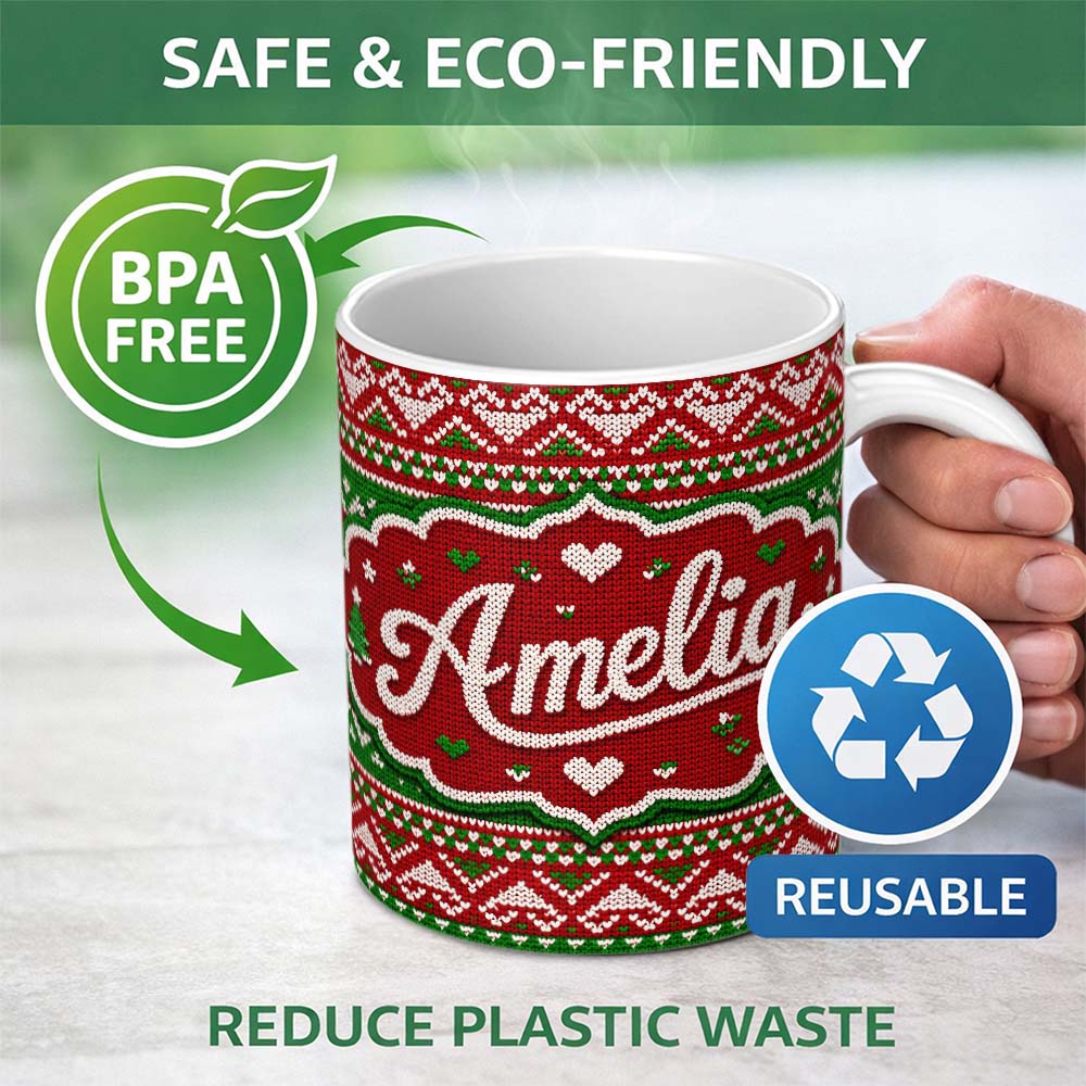 Personalized Custom Name Cute Red Green Classic Nordic Stripe Christmas Knitted Seamless 11oz Ceramic Coffee Tea Mug White Large Handle