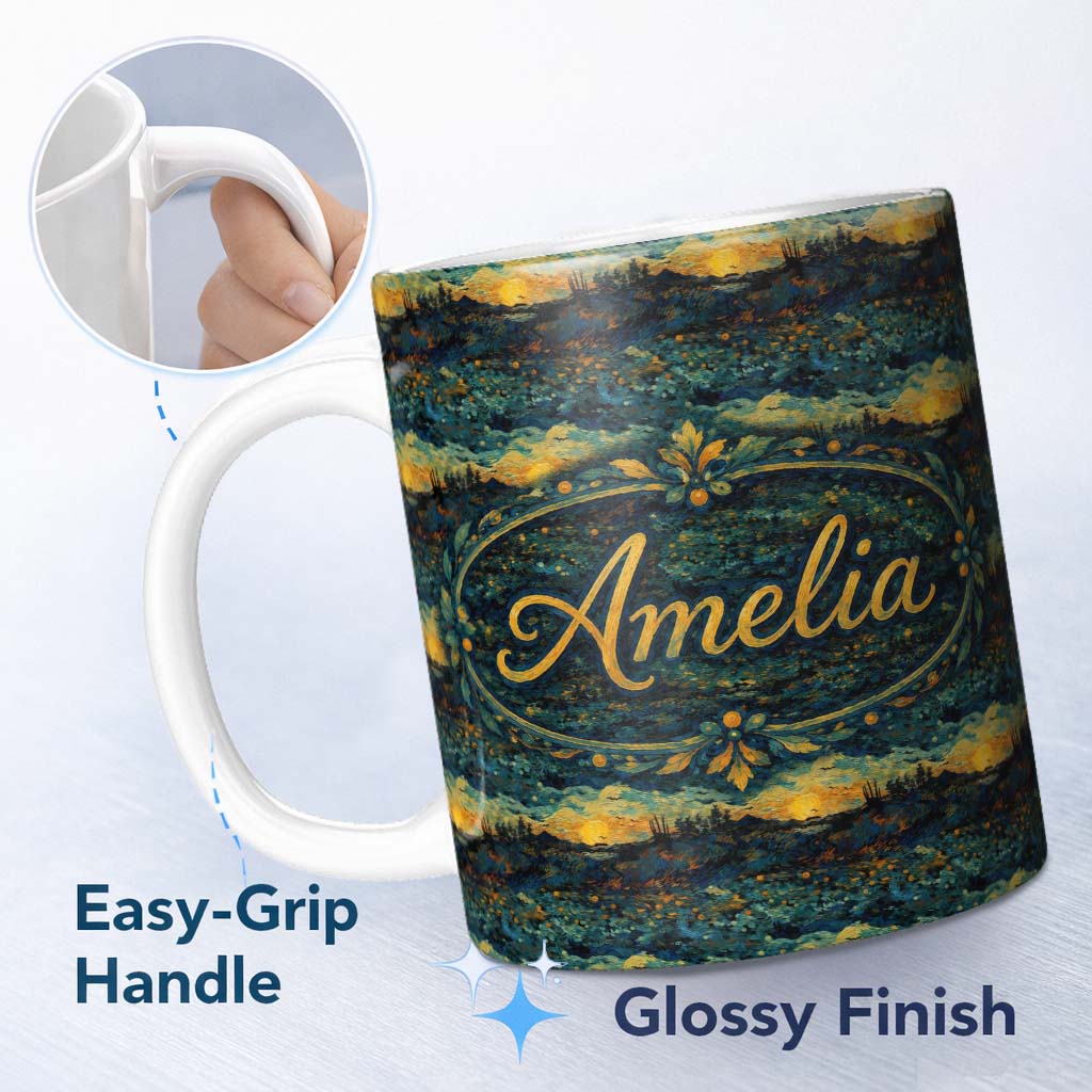 Personalized Custom Name Impressionist Landscape with Rolling Hills and Sunset in Deep Blue 11oz Ceramic Coffee Tea Mug White Large Handle