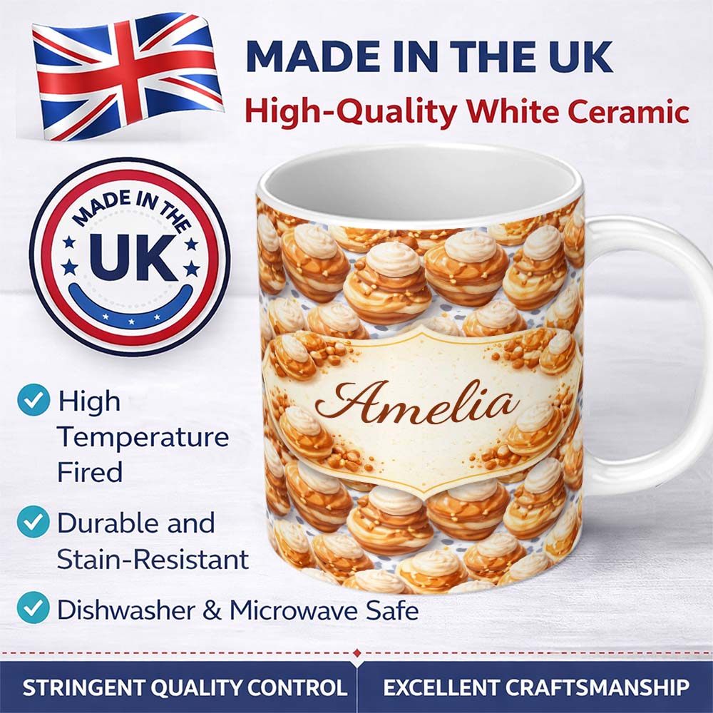 Personalized Custom Name Classic Cream Puff Dessert Repeat Seamless Pattern Cute Unique Gift 11oz Ceramic Coffee Tea Mug White Large Handle