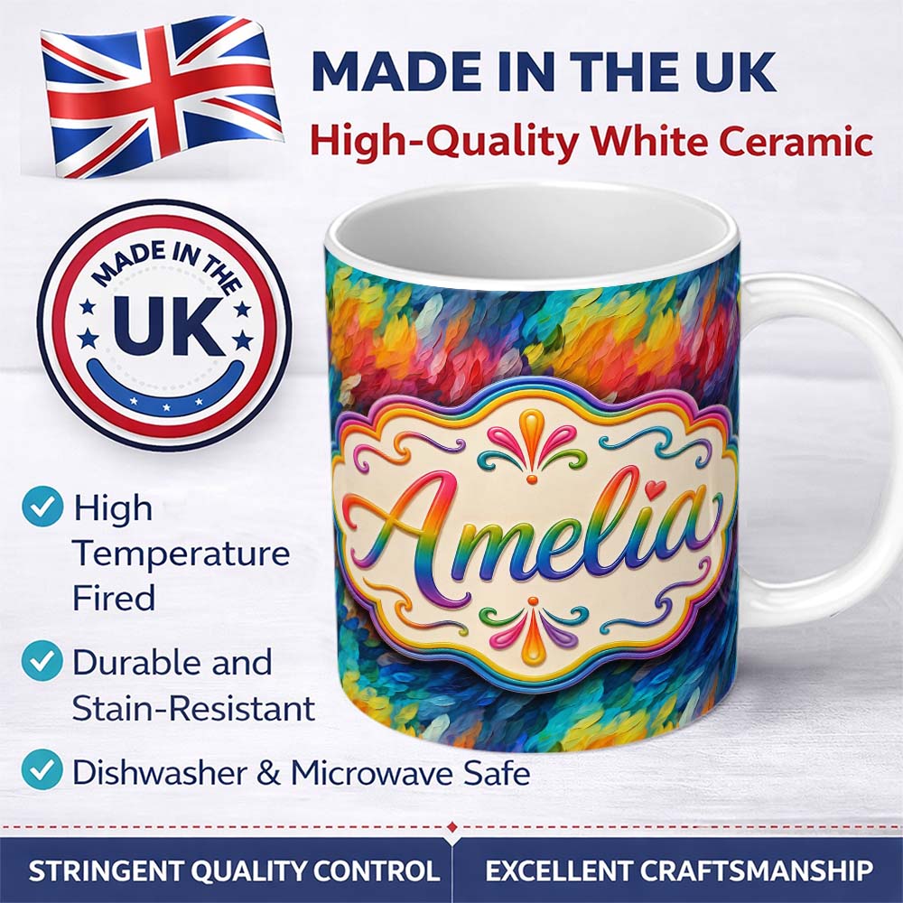 Personalized Custom Name Vivid Rainbow Fluid Art Swirl Pattern Seamless Pattern Lovely 11oz Ceramic Coffee Tea Mug White Large Handle
