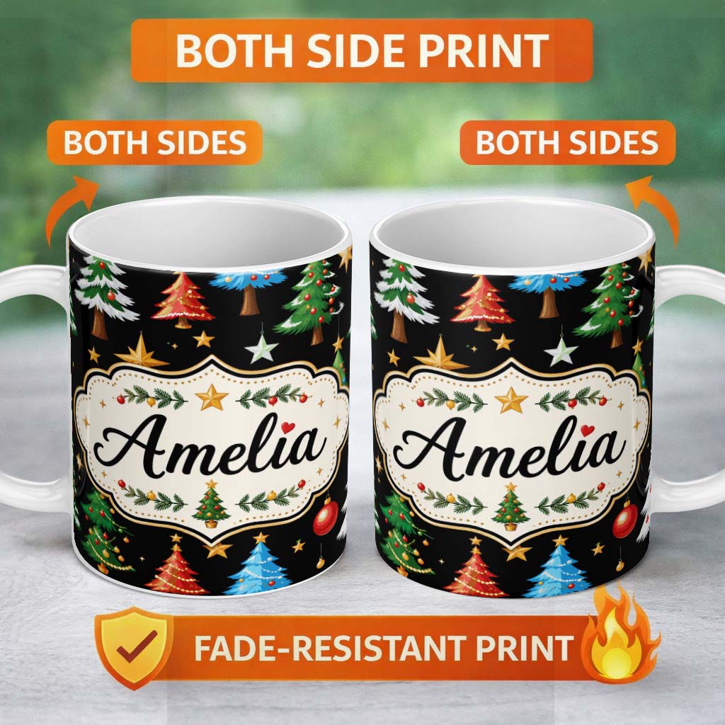 Personalized Custom Name Christmas Trees with Ornaments Stars and Baubles on Black Seamless 11oz Ceramic Coffee Tea Mug White Large Handle
