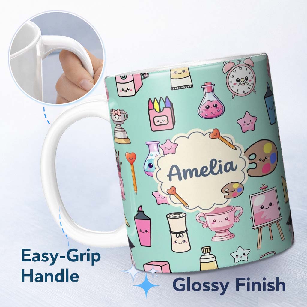 Personalized Custom Name Cute Kawaii Graduate Boy Science Art Supplies Seamless Pattern Mint 11oz Ceramic Coffee Tea Mug White Large Handle