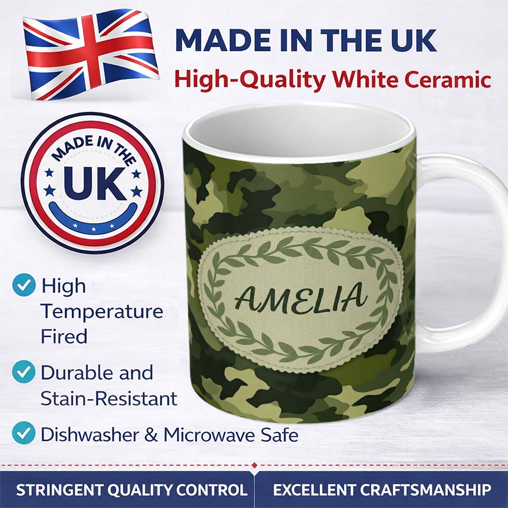 Personalized Custom Name Rich Woodland Green Camouflage Seamless Pattern Beautiful Coffee Cup 11oz Ceramic Coffee Tea Mug White Large Handle
