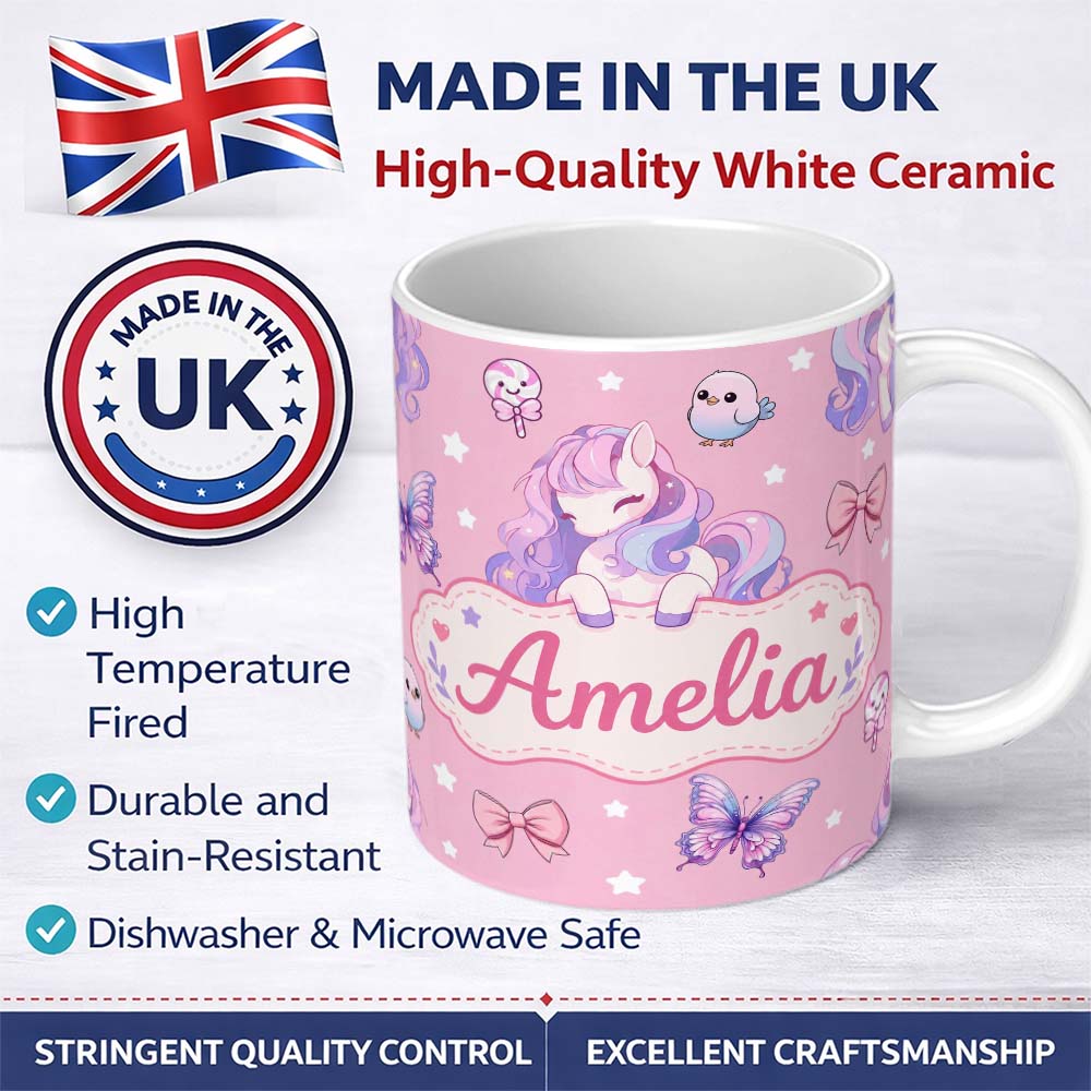 Personalized Custom Name Cute Pastel Unicorn Butterfly Candy Stars Rose Pink Background 11oz Ceramic Coffee Tea Mug White Large Handle