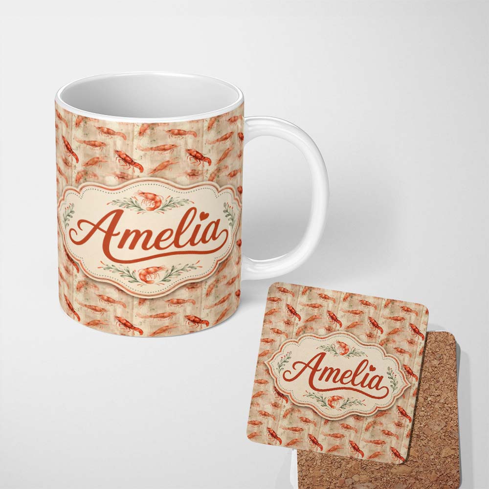 Personalized Custom Name Rustic Watercolour Prawn on Textured Neutral Background Seamless 11oz Ceramic Coffee Tea Mug White Large Handle