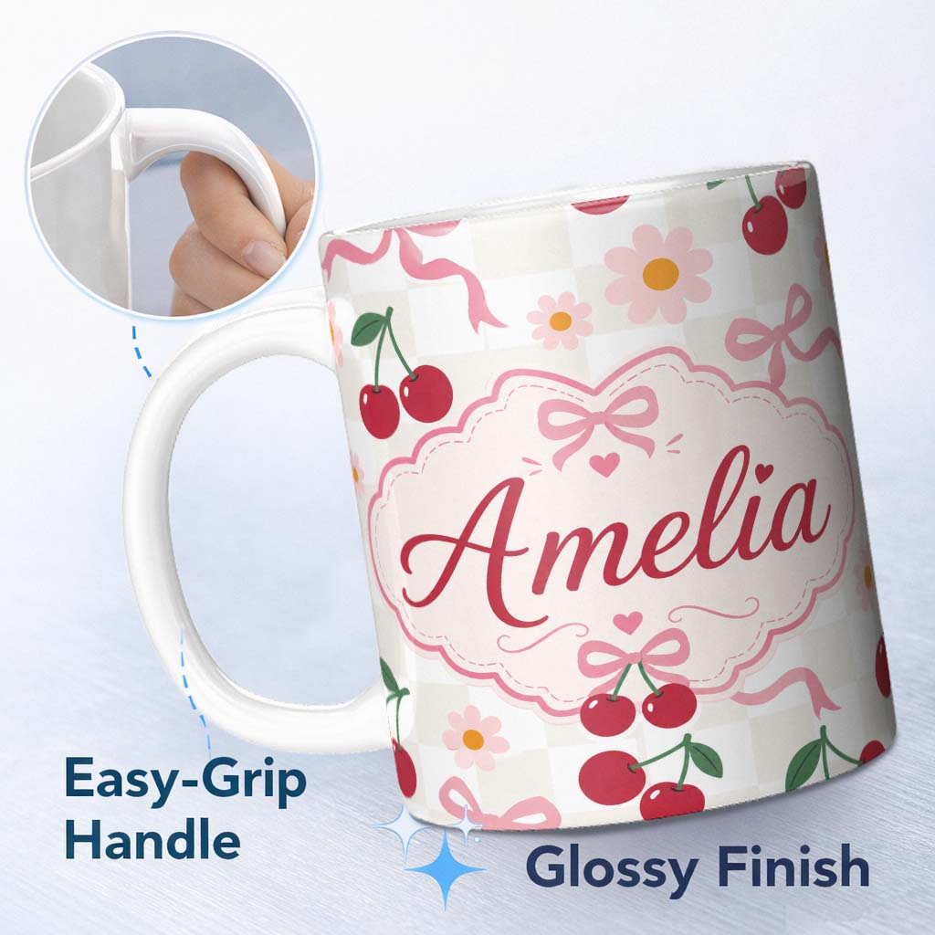 Personalized Custom Name Cute Cherry and Daisy Flowers with Pink Ribbon Bows Neutral Check 11oz Ceramic Coffee Tea Mug White Large Handle