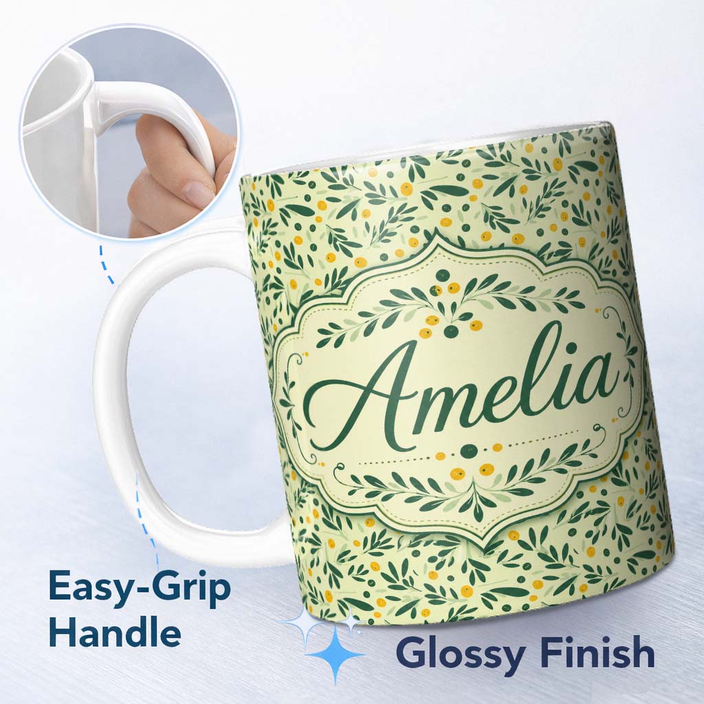 Personalized Custom Name Minimal Olive Leaves and Berries Soft Green Seamless Pattern Lovely 11oz Ceramic Coffee Tea Mug White Large Handle