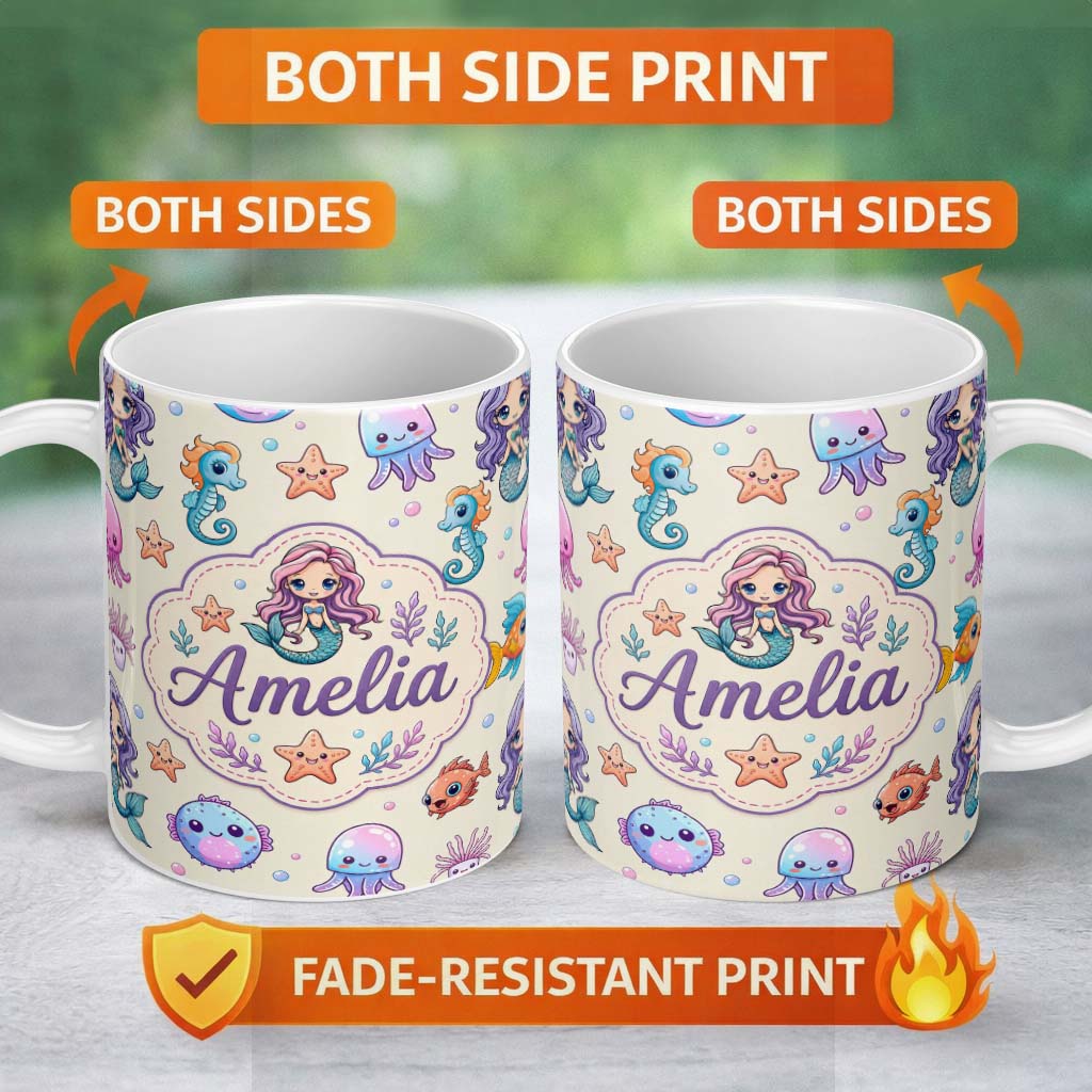 Personalized Custom Name Cute Cartoon Mermaid with Sea Creatures on Light Background Kids 11oz Ceramic Coffee Tea Mug White Large Handle