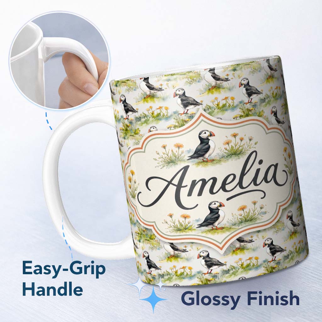 Personalized Custom Name Watercolor Puffin Birds in Floral Meadow Garden Seamless Pattern 11oz Ceramic Coffee Tea Mug White Large Handle