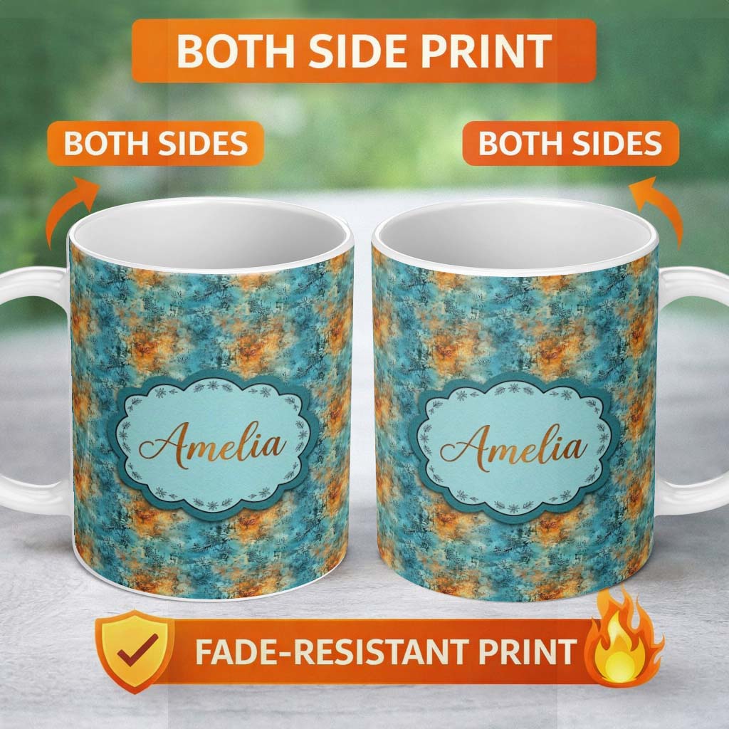 Personalized Custom Name Teal Orange Grunge Floral Texture Seamless Pattern Cute Unique Gift 11oz Ceramic Coffee Tea Mug White Large Handle