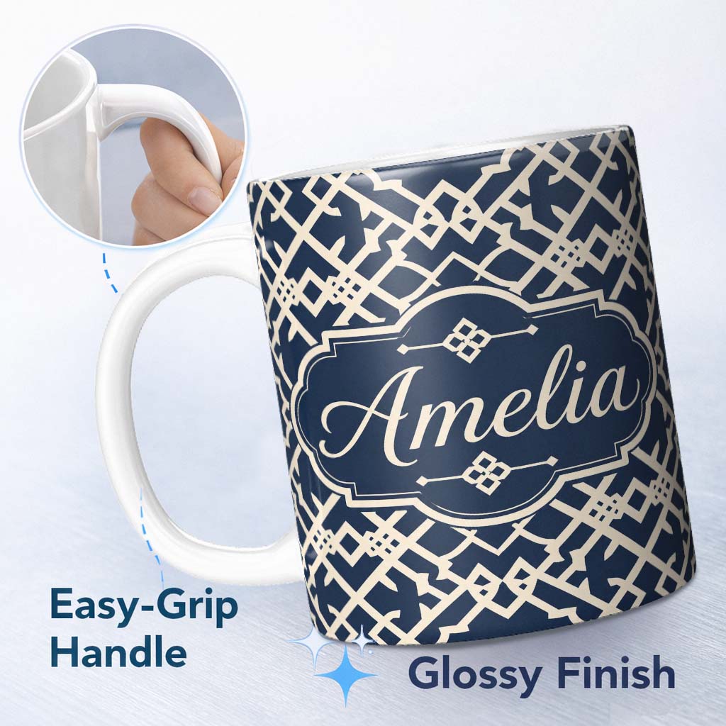 Personalized Custom Name Navy Blue Moroccan Geometric Lattice Elegant Seamless Pattern Lovely 11oz Ceramic Coffee Tea Mug White Large Handle