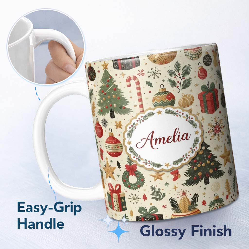 Personalized Custom Name Festive Christmas Ornament Candy Cane Tree Holiday Seamless Pattern 11oz Ceramic Coffee Tea Mug White Large Handle