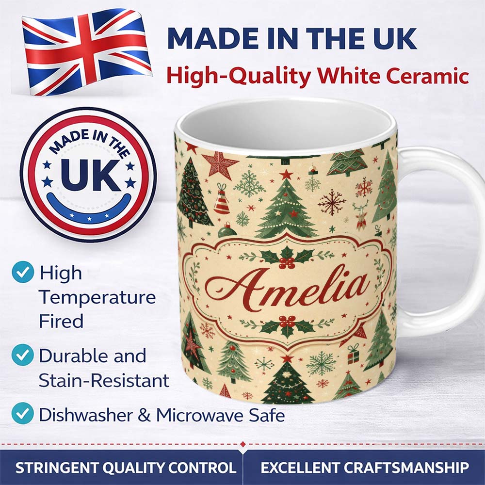 Personalized Custom Name Christmas Trees Stars Snowflakes Holiday Seamless Pattern Lovely 11oz Ceramic Coffee Tea Mug White Large Handle