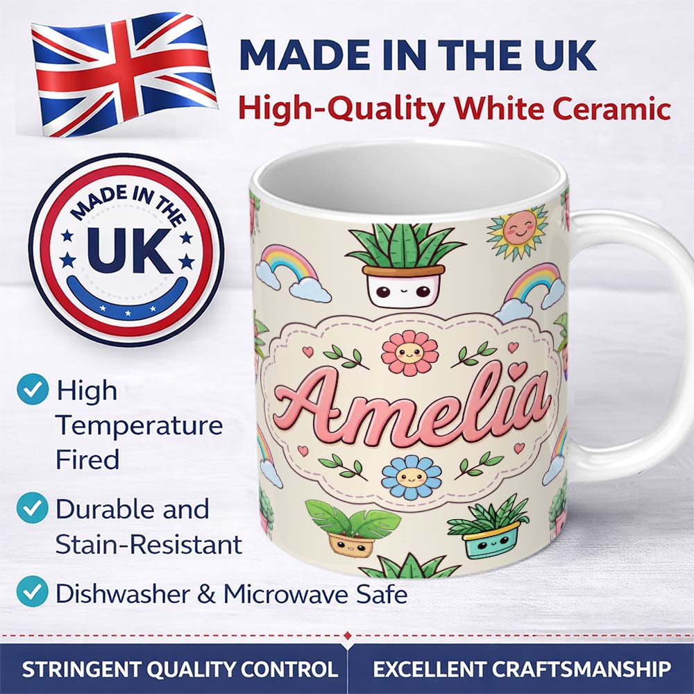Personalized Custom Name Cute Kawaii Rainbow Sun Flowers Plant Pots Seamless Pattern Cream 11oz Ceramic Coffee Tea Mug White Large Handle