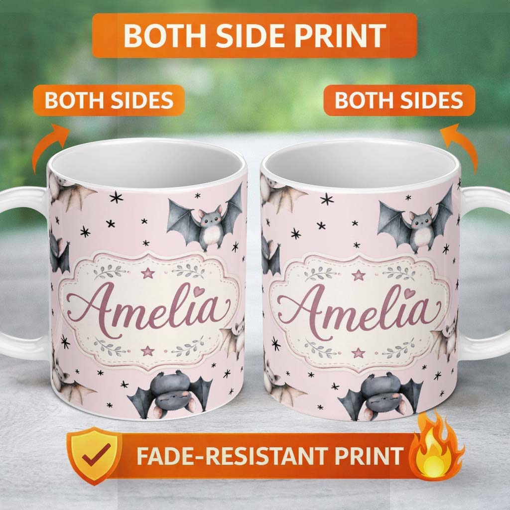 Personalized Custom Name Cute Baby Bats Flying with Stars Soft Blush Pink Background 11oz Ceramic Coffee Tea Mug White Large Handle