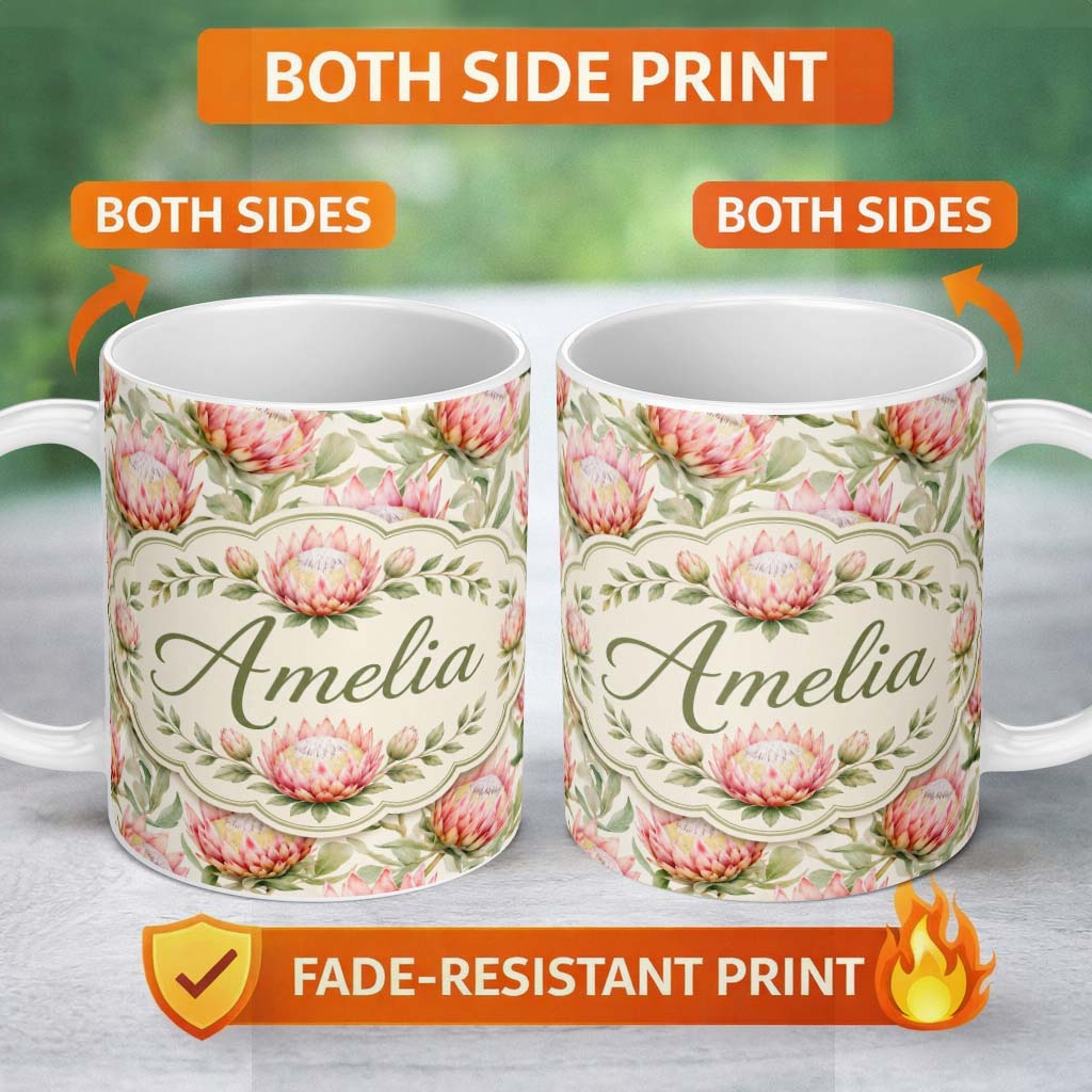 Personalized Custom Name Soft Pink Protea Flowers and Green Leaves Seamless Pattern Lovely 11oz Ceramic Coffee Tea Mug White Large Handle