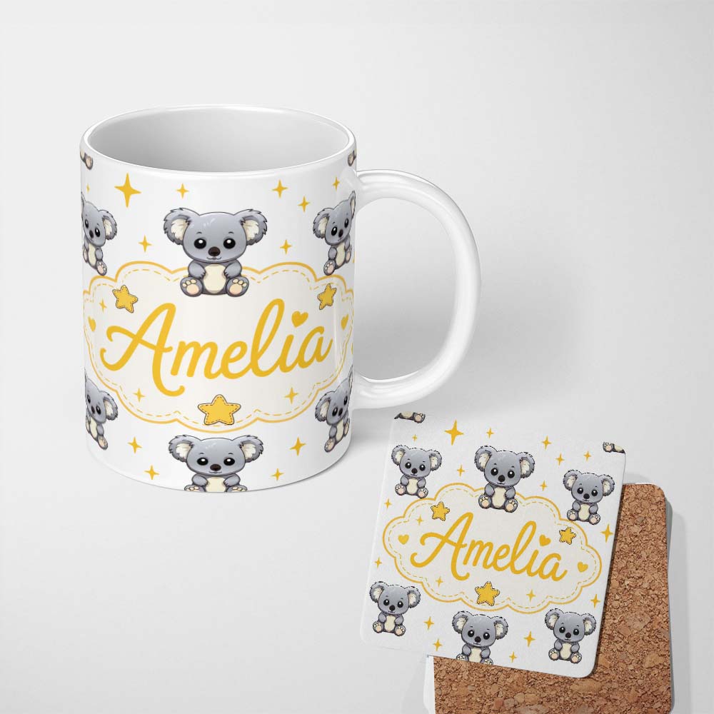 Personalized Custom Name Cute Koala Bears with Stars White Background Seamless Pattern Lovely 11oz Ceramic Coffee Tea Mug White Large Handle