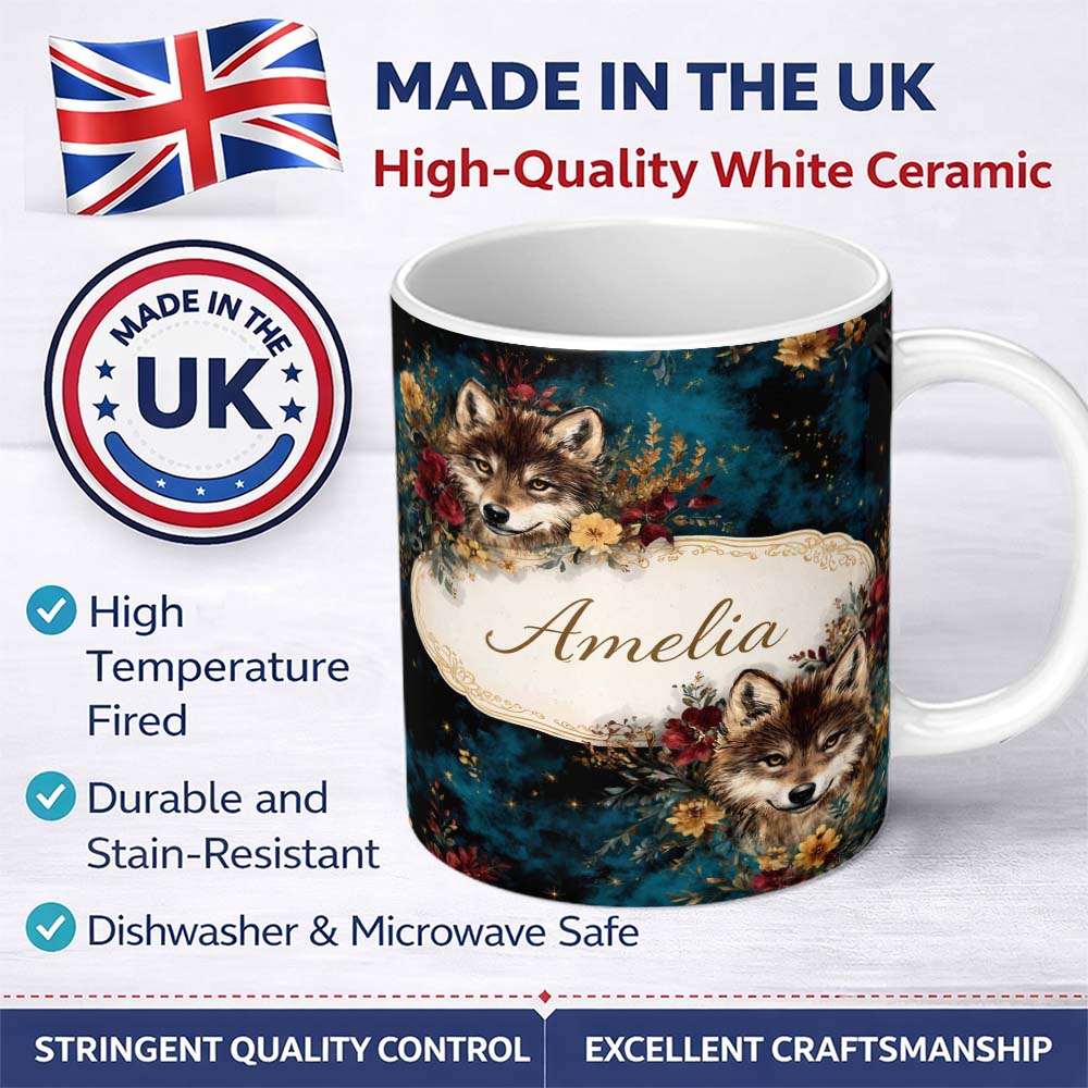 Personalized Custom Name Wolf Head Floral Dark Forest Artistic Seamless Pattern Lovely 11oz Ceramic Coffee Tea Mug White Large Handle