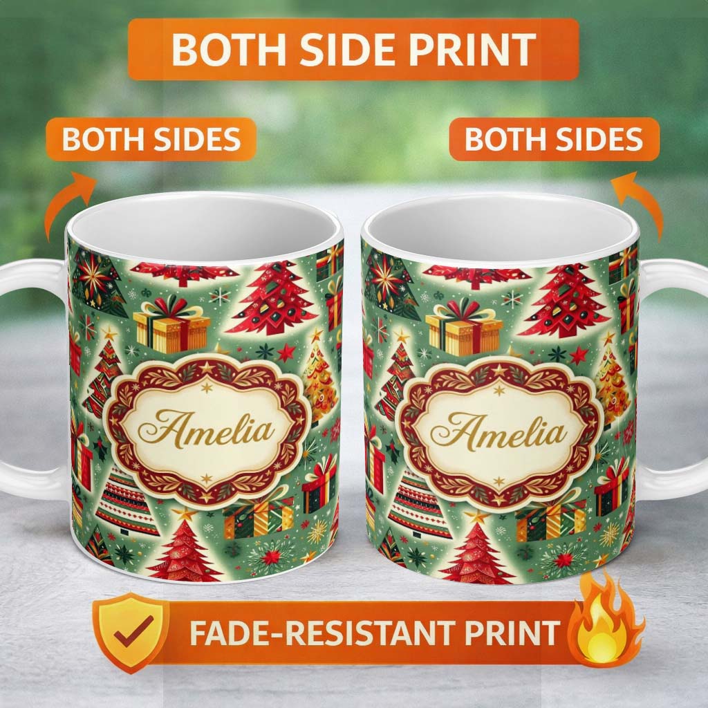 Personalized Custom Name Colorful Christmas Trees Gifts Snowflakes Festive Seamless Pattern 11oz Ceramic Coffee Tea Mug White Large Handle