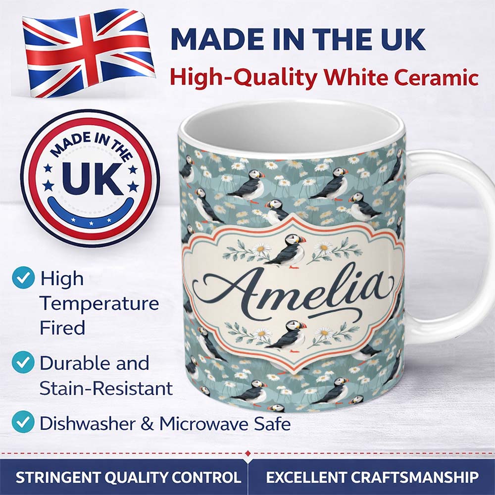 Personalized Custom Name Puffin and Daisy Field Pattern Soft Blue Nature Seamless Design 11oz Ceramic Coffee Tea Mug White Large Handle