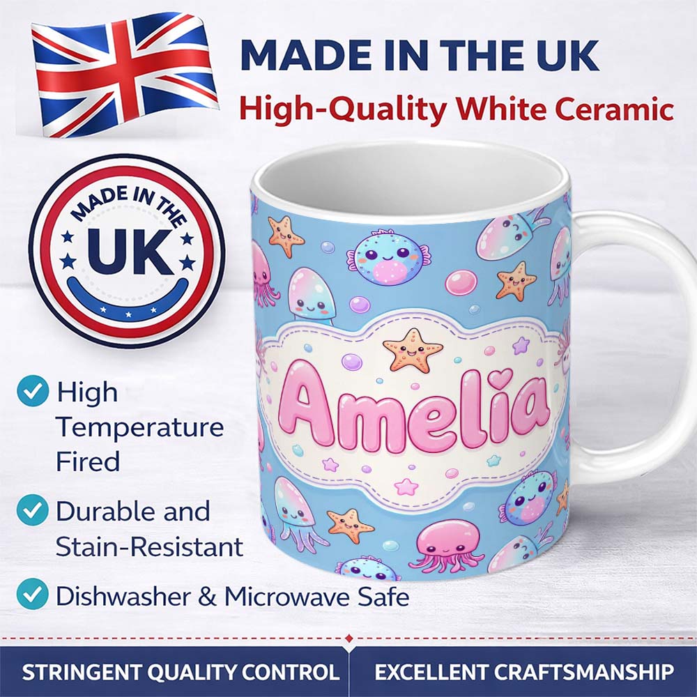 Personalized Custom Name Kawaii Jellyfish Starfish and Cute Sea Creatures Soft Blue Lovely 11oz Ceramic Coffee Tea Mug White Large Handle
