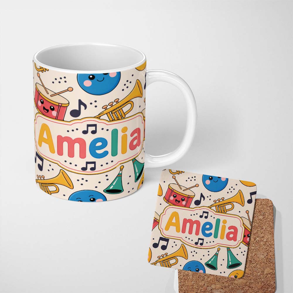 Personalized Custom Name Cute Musical Instruments Notes Cartoon Fun Seamless Pattern 11oz Ceramic Coffee Tea Mug White Large Handle