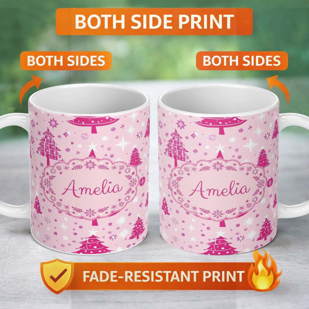 Personalized Custom Name Cute Pink Christmas Trees Snowflakes Stars Seamless Pattern Lovely 11oz Ceramic Coffee Tea Mug White Large Handle