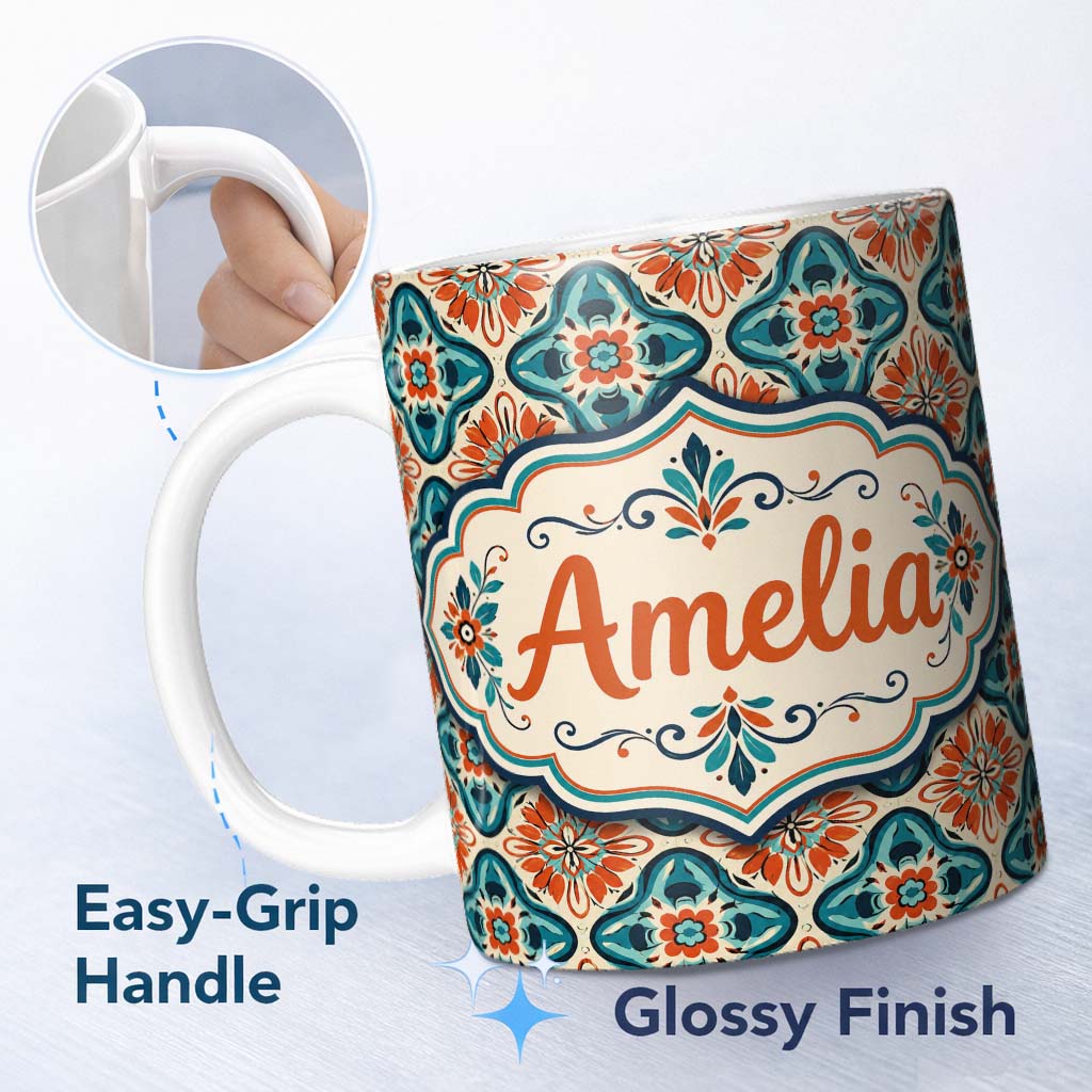 Personalized Custom Name Cream Background Floral Tile Pattern with Teal and Coral Symmetry 11oz Ceramic Coffee Tea Mug White Large Handle