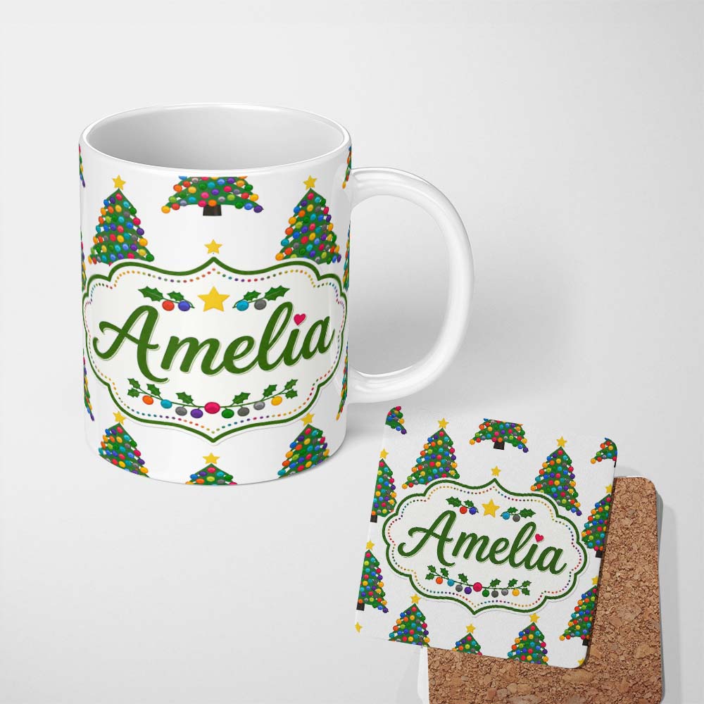 Personalized Custom Name Bright Christmas Trees with Multicolor Ornaments and Stars Seamless 11oz Ceramic Coffee Tea Mug White Large Handle