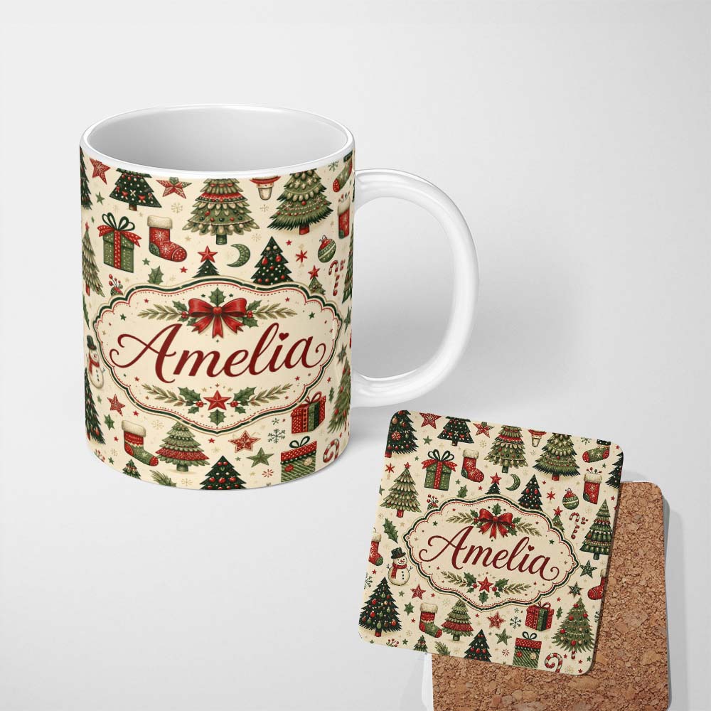 Personalized Custom Name Elegant Christmas Trees Baubles Stars Seamless Pattern Festive 11oz Ceramic Coffee Tea Mug White Large Handle