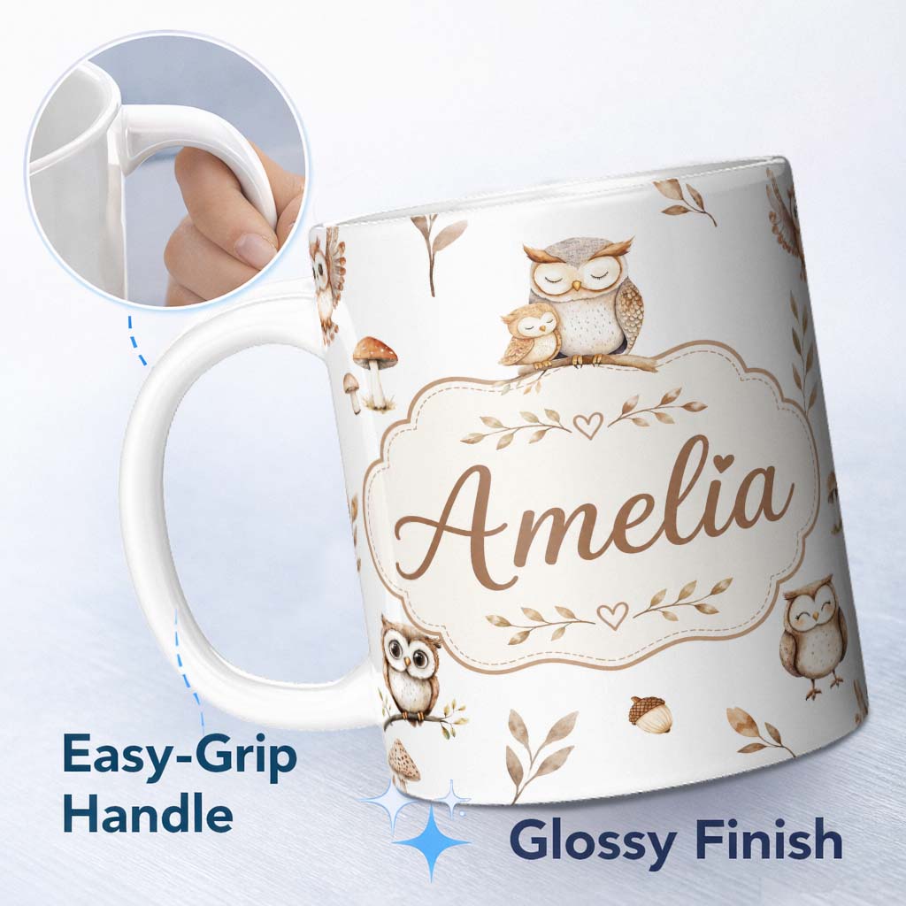 Personalized Custom Name Cute Woodland Owls Mushrooms and Leaves Light Grey Background Lovely 11oz Ceramic Coffee Tea Mug White Large Handle