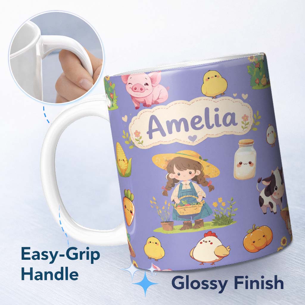 Personalized Custom Name Cute Farm Girl Pig Cow Chicken Corn Milk Purple Background Seamless 11oz Ceramic Coffee Tea Mug White Large Handle