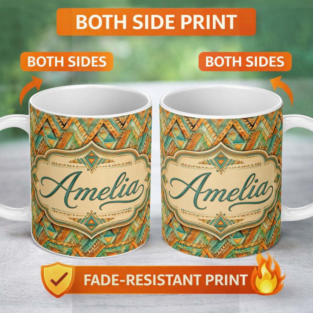 Personalized Custom Name Boho Tribal Geometric Watercolor Shapes Seamless Pattern Design 11oz Ceramic Coffee Tea Mug White Large Handle
