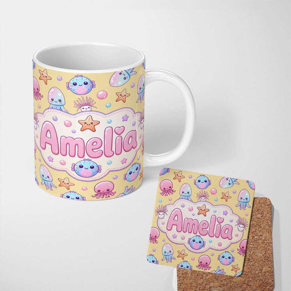 Personalized Custom Name Jellyfish Starfish and Cute Sea Creatures Warm Mustard Yellow Lovely 11oz Ceramic Coffee Tea Mug White Large Handle