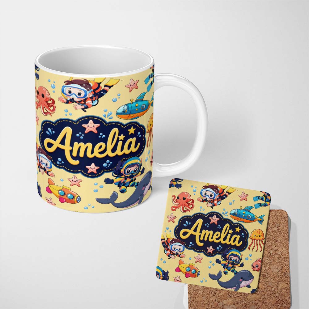Personalized Custom Name Underwater with Scuba Divers Starfish and Whale on Warm Yellow 11oz Ceramic Coffee Tea Mug White Large Handle