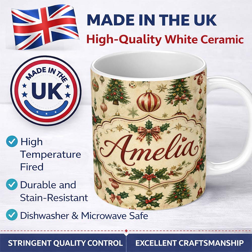 Personalized Custom Name Classic Christmas Baubles Trees and Snowflakes Festive Pattern 11oz Ceramic Coffee Tea Mug White Large Handle