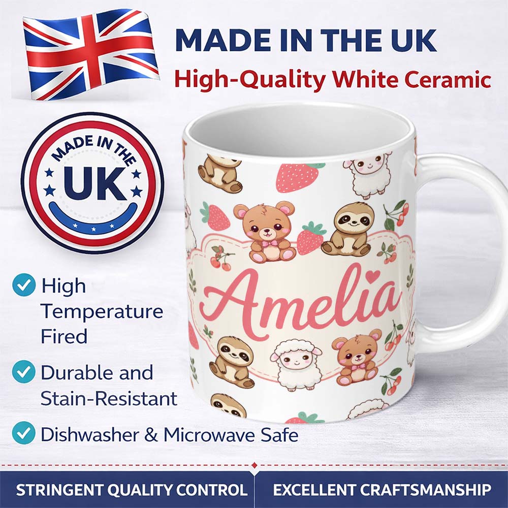 Personalized Custom Name Cute Baby Animals Bear Sheep Sloth Strawberry Cherry Light Grey 11oz Ceramic Coffee Tea Mug White Large Handle