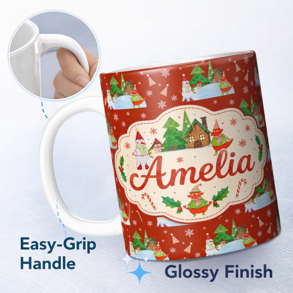 Personalized Custom Name Cute Snowman Winter Village Candy Cane Seamless Pattern Lovely 11oz Ceramic Coffee Tea Mug White Large Handle